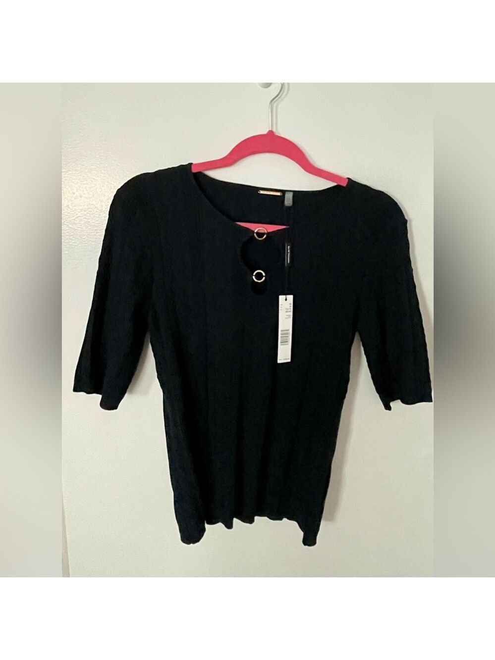 NWT Elie Tahari Dark Navy 3/4 Sleeve Gold Ring Detail Ribbed Knit Top Size M - Picture 5 of 8